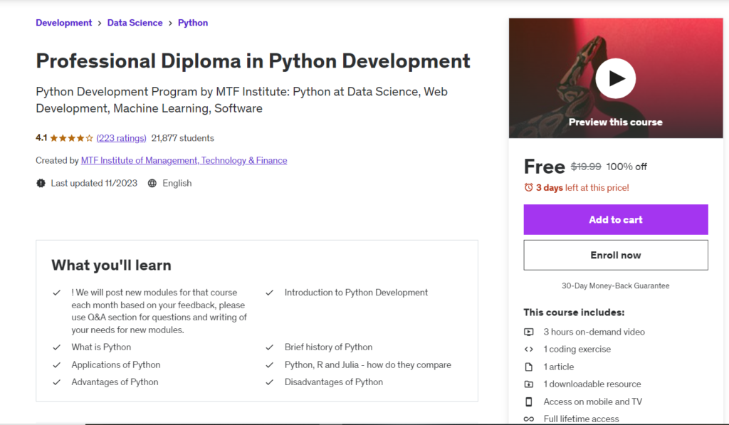 Professional Diploma in Python Development Enroll Free in Udemy Course